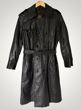 Vintage 80s 90s Black RealLeather Trench Coat Unisex Made Hong Kong Goth